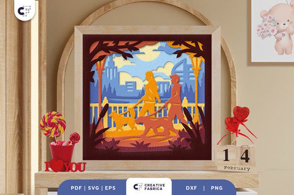 Couple Walking a Dog 3D Layered Papercut